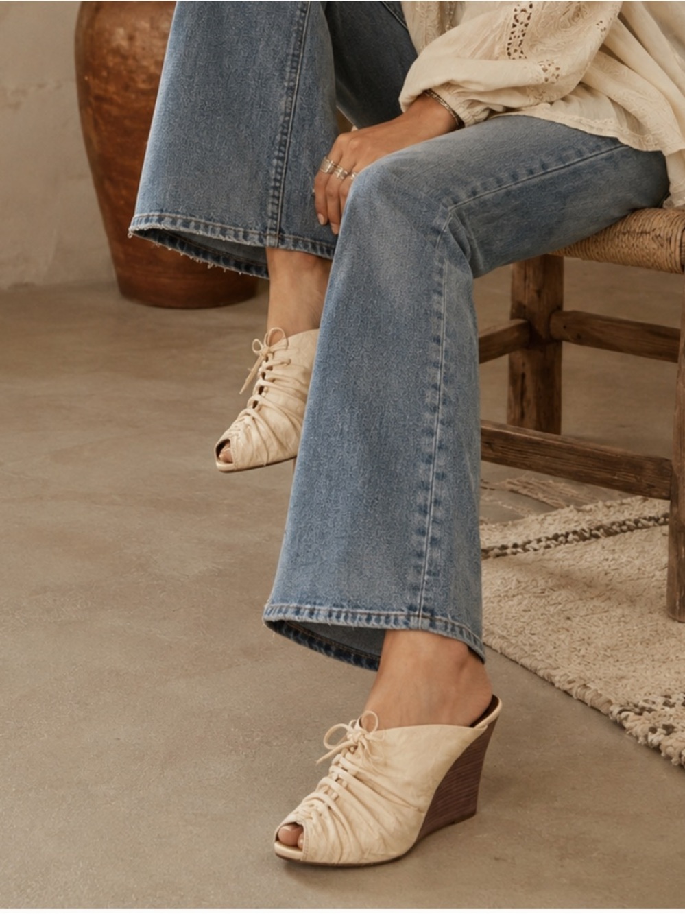 Frye Women’s Gwynn Leather Cream Lace-Up Wedge Mules